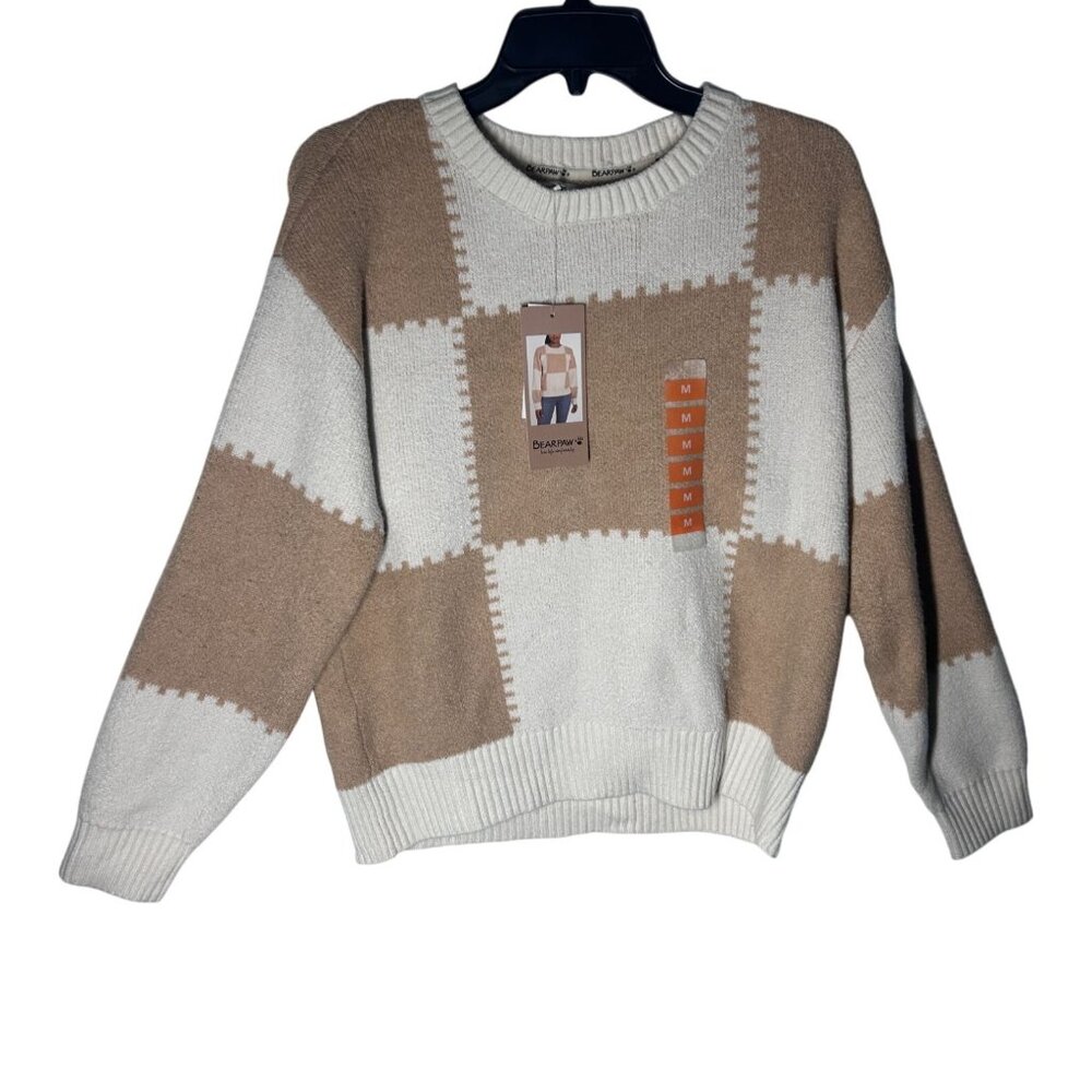 Bearpaw Checkered Crew‎ Neck Sweater Women's Medium Tan & White NEW